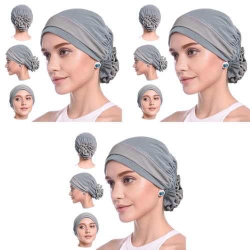 PALAY® Chemo Caps for Women Cotton Stretchy Turban Headwear Wrap Flower Skull Cancer Beanie Coverings Grey 3 PCS PALAY® Chemo Caps for Women Cotton Stretchy Turban Headwear Wrap Flower Skull Cancer Beanie Coverings Grey 3 PCS